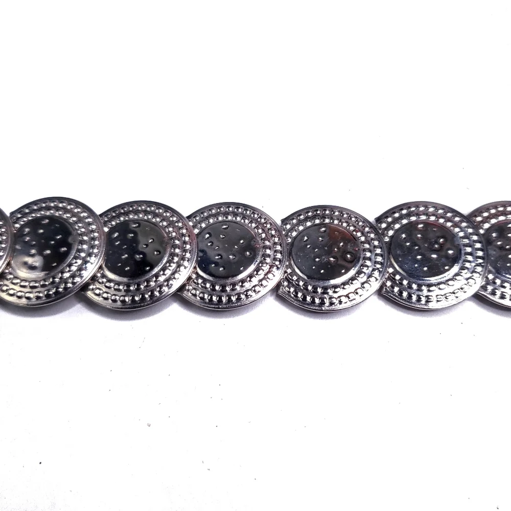Vintage Medallion Coin Link Elastic Statement Belt In Silver Tone